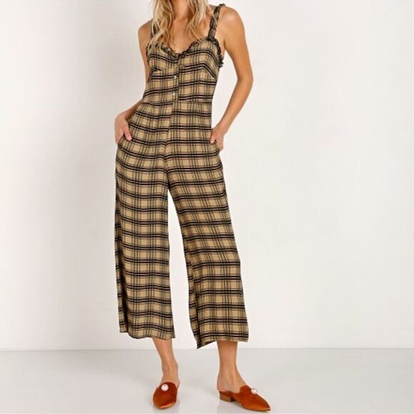 Faithfull the Brand plaid ruffle trim wide leg crop sleeveless Jumpsuit medium 6 - Picture 1 of 11